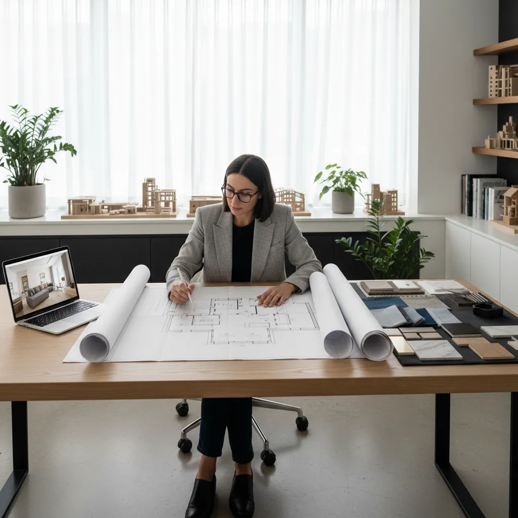 Diseñador revisando planos de interiorismo en una mesa de trabajo
