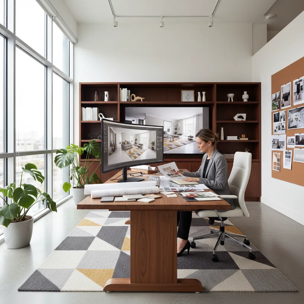 Female designer at desk reviewing color samples with large monitor showing modern living room design