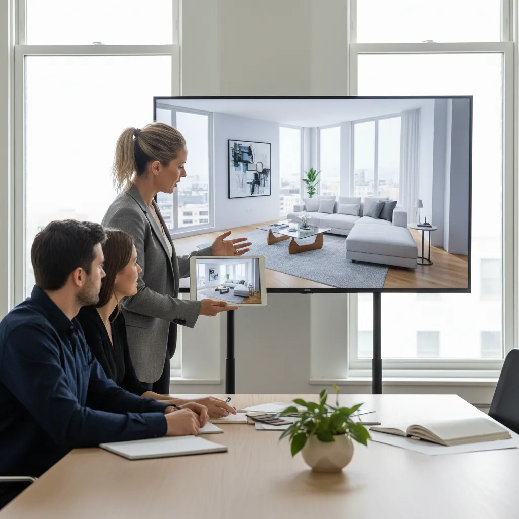 Diseñador de interiores mostrando propuesta de diseño a un cliente