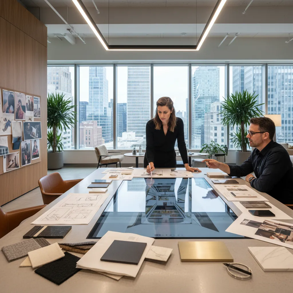 Diseñador de interiores revisando proyecto de espacio comercial moderno