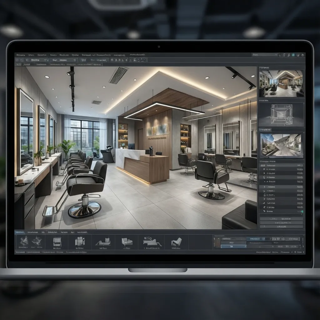 3D visualization of salon layout planning with stations and circulation paths
