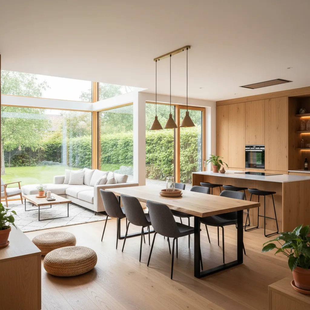 Open kitchen and dining area with wooden cabinets, island stools, long table, and garden view
