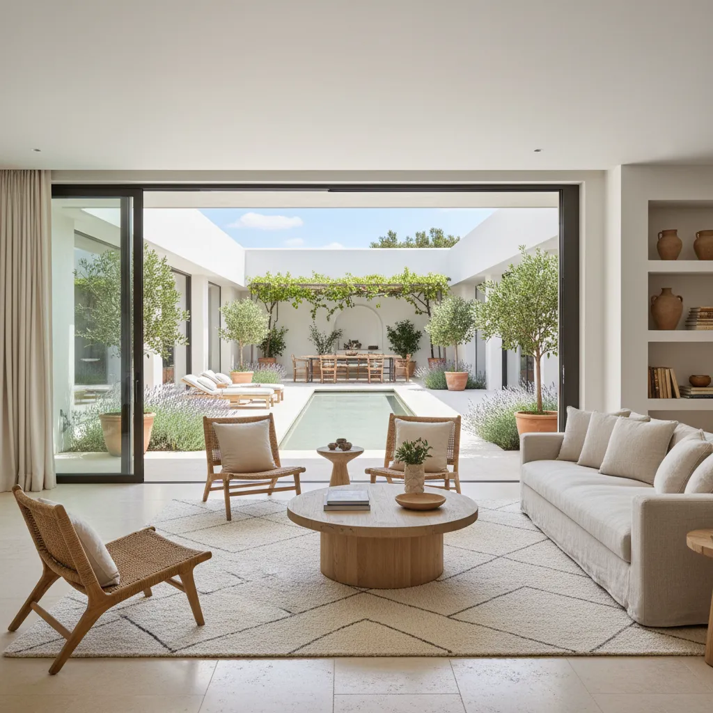 Salón conectado al patio central con puertas correderas de vidrio