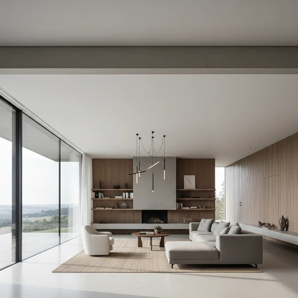 Salón moderno con espacio abierto y gran viga estructural oculta