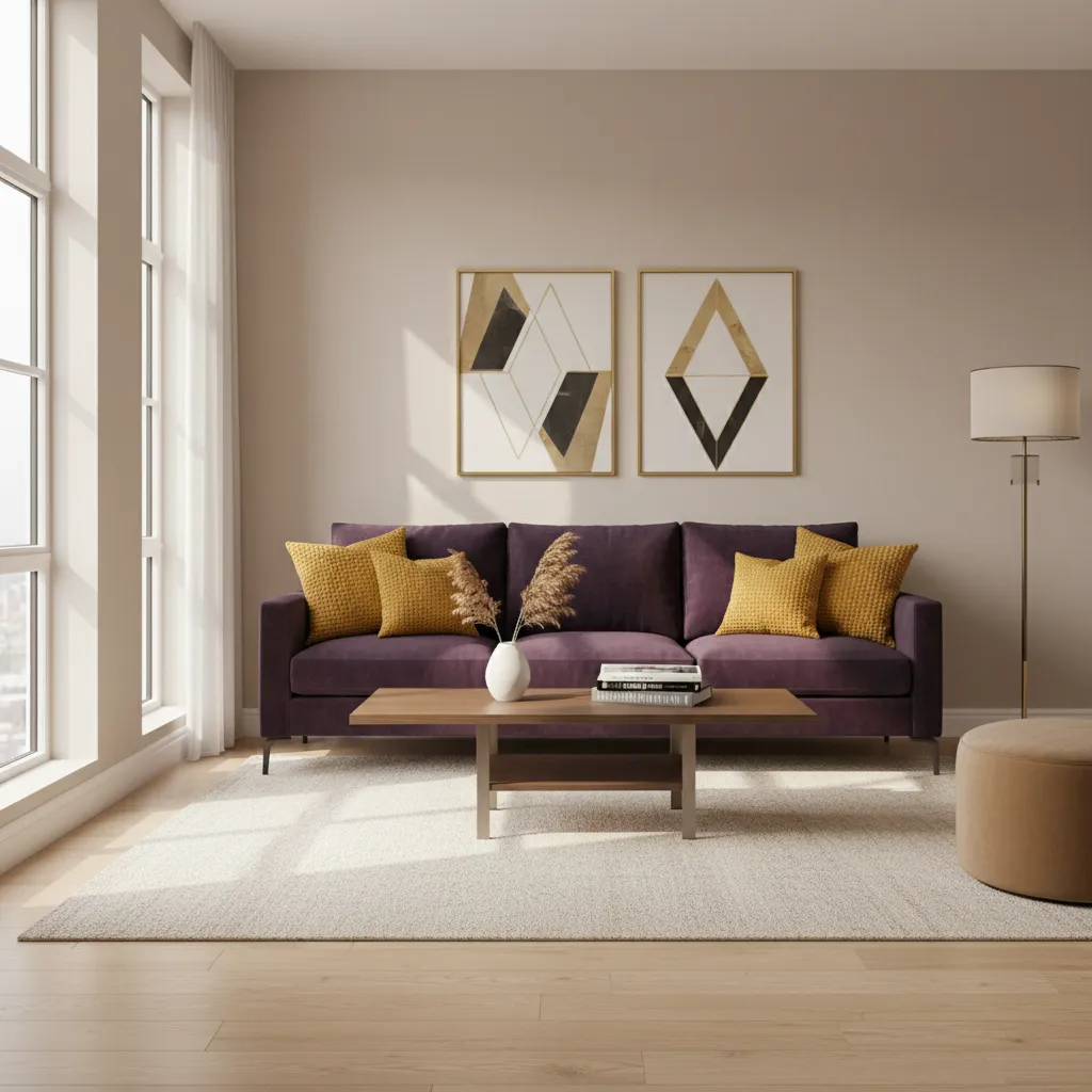 Sala de estar con sofá morado y cojines amarillos