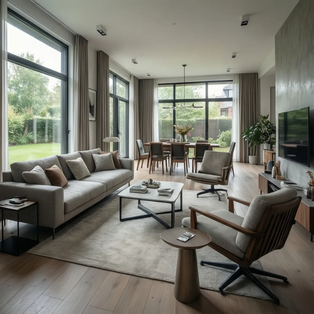 Spacious living room with grey sofa two armchairs coffee table and large windows showing garden