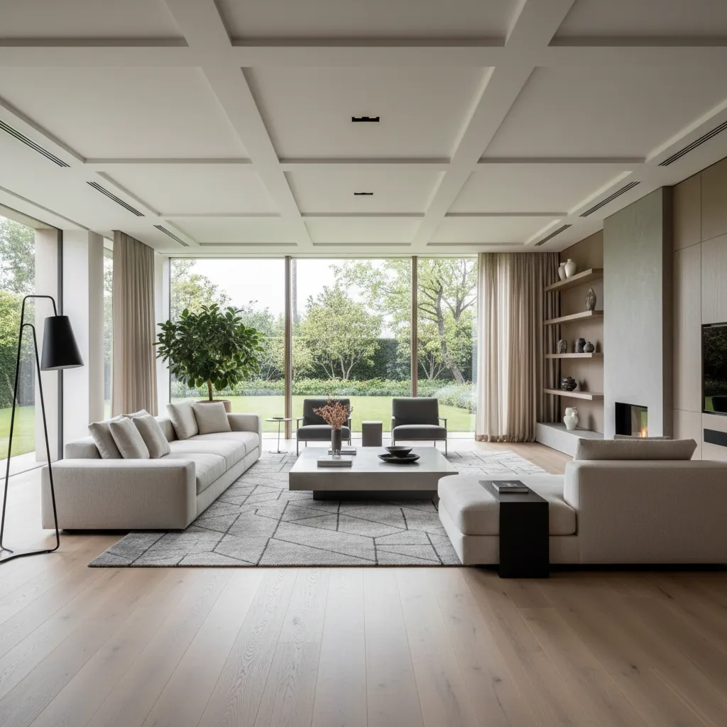 Salón amplio y luminoso en una casa de gran tamaño con diseño moderno