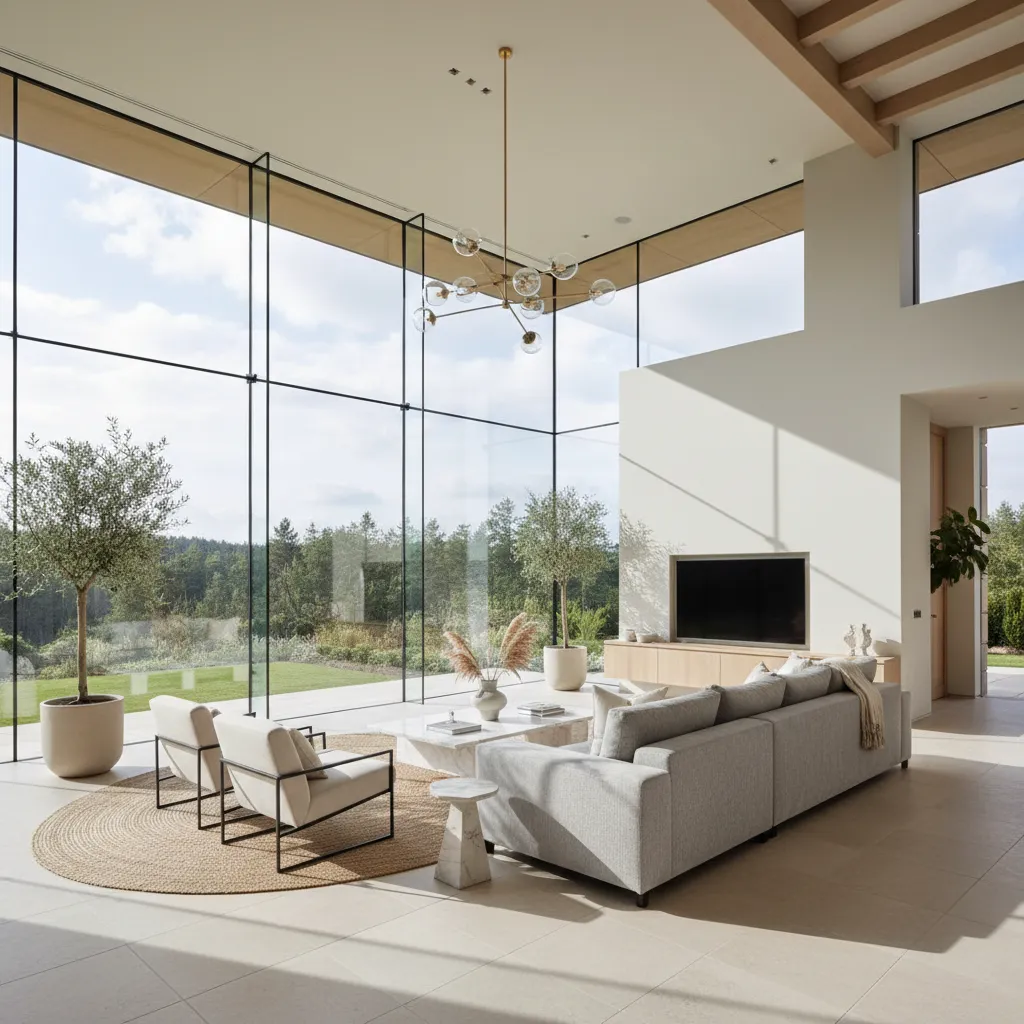 Salón amplio con ventanales grandes en una casa moderna de una sola planta