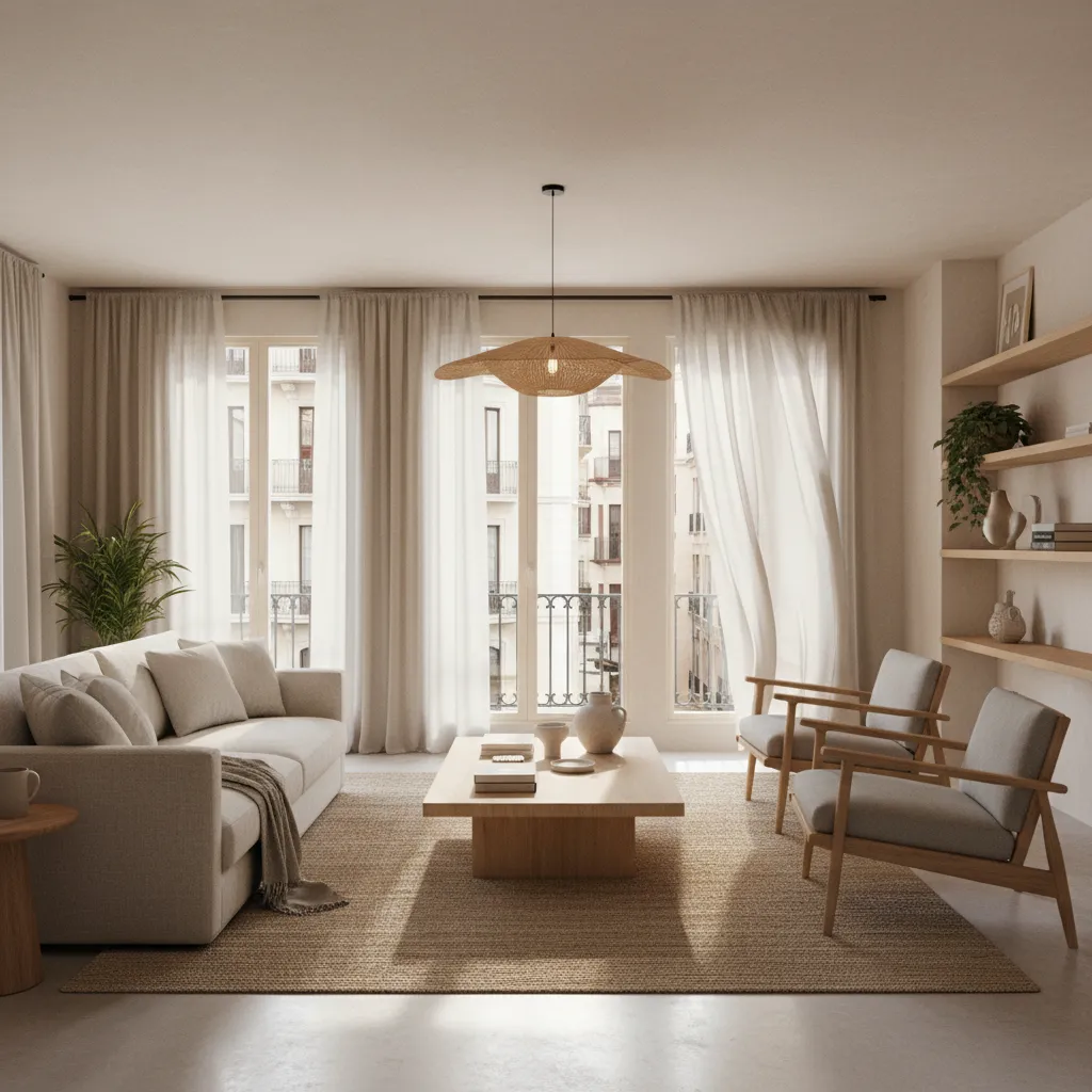 Salón amplio con mucha luz natural y decoración minimalista cálida