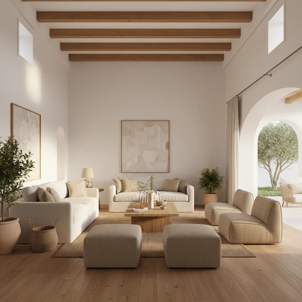 Salón con diseño andaluz contemporáneo con techos altos y colores neutros