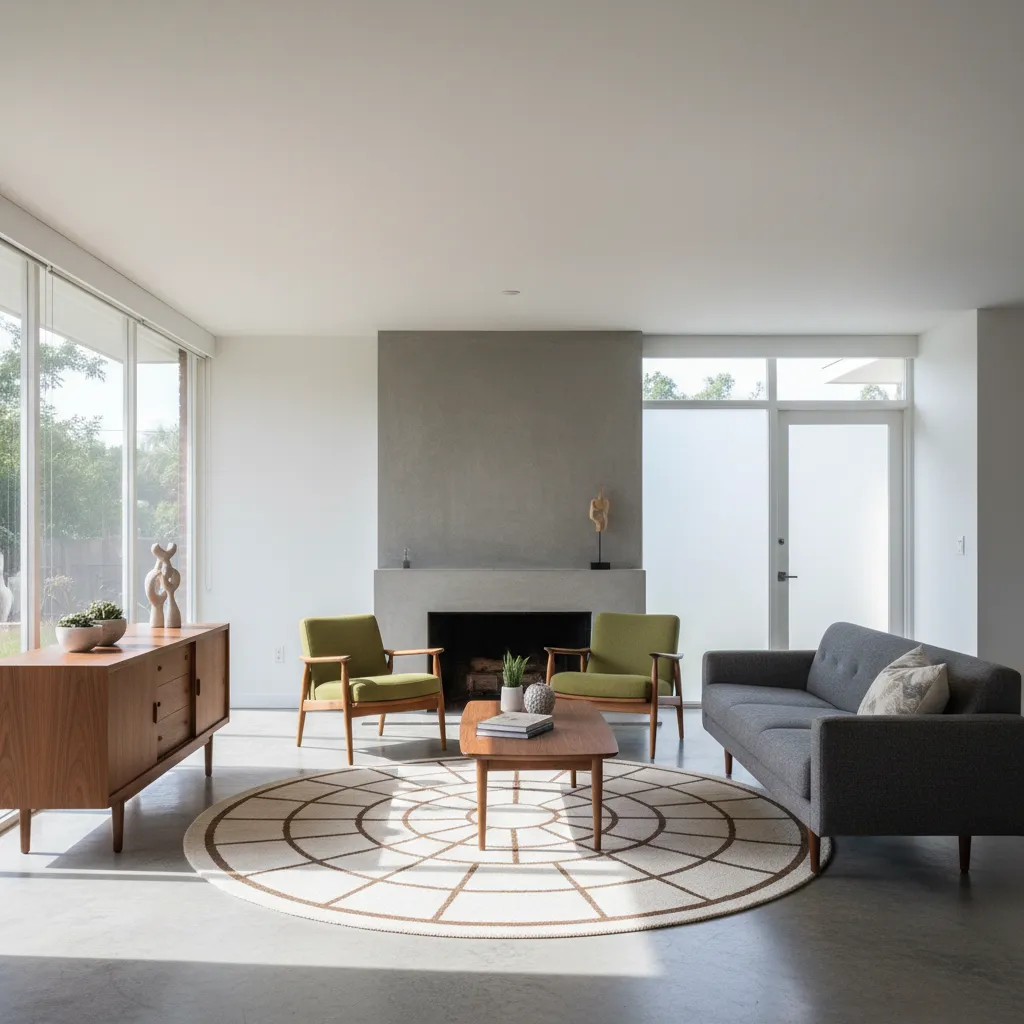 Salón abierto estilo años 50 con muebles de madera y ventanales grandes