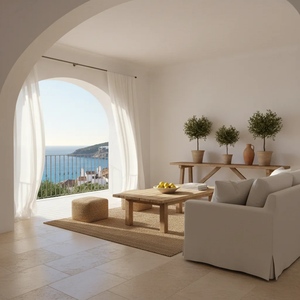 Salón luminoso de apartamento mediterráneo