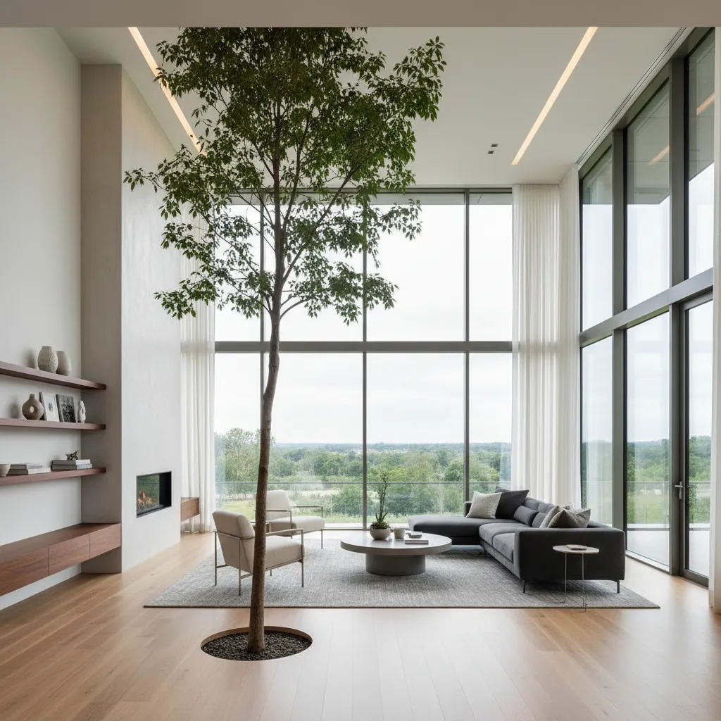 Salón moderno con un árbol que atraviesa el espacio cerca de una ventana grande