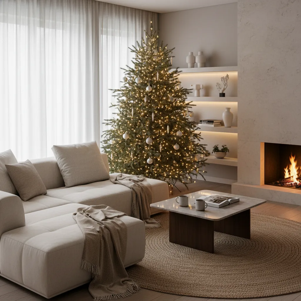 salón moderno con árbol de Navidad decorado de forma elegante