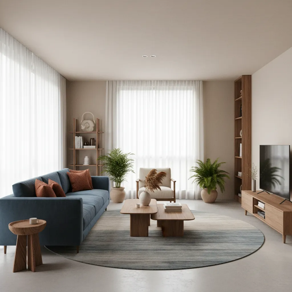 Salón con sofá azul y acentos terracota