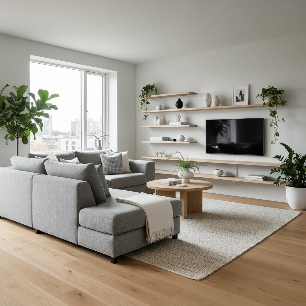 Salón con sofá modular y estantería funcional de estilo escandinavo