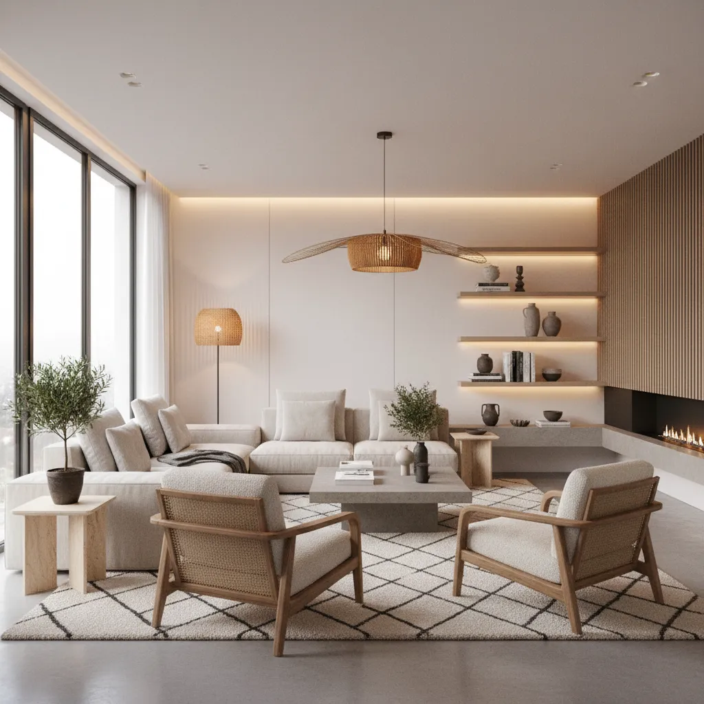 Sala de estar moderna bien diseñada con iluminación equilibrada y distribución funcional