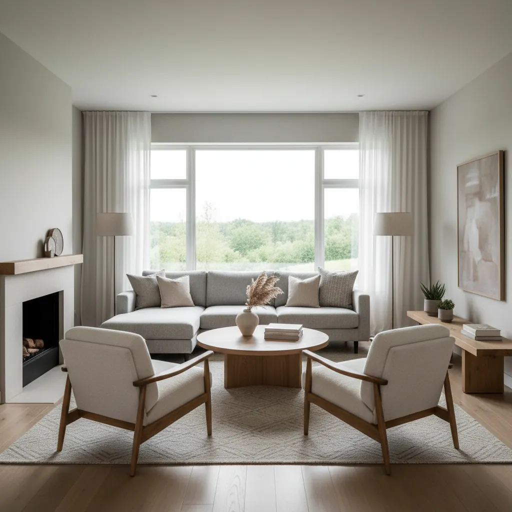 Modern minimalist living room with grey sofa wooden coffee table two white chairs and fireplace