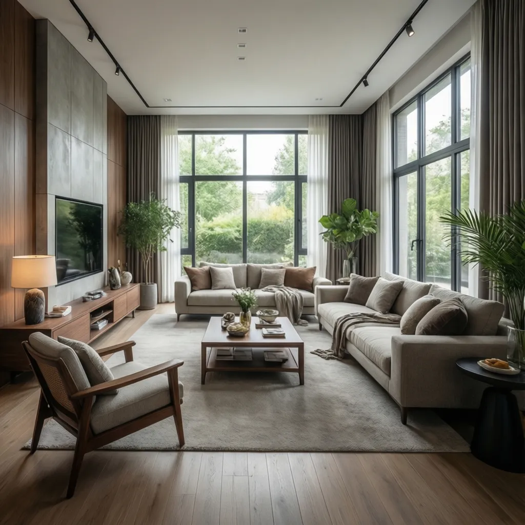 Modern living room with two sofas coffee table large windows green plants and wooden floor