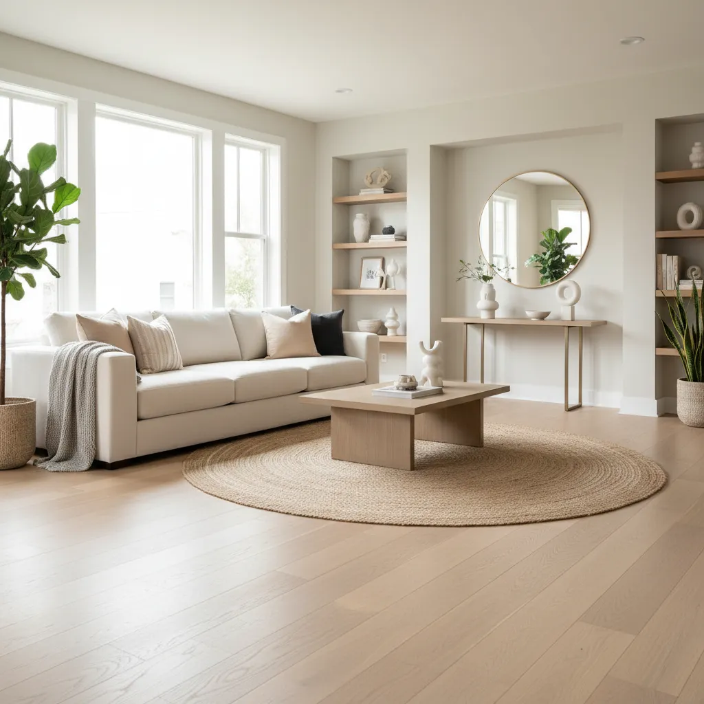 Salón moderno bien distribuido con espacio de circulación cómodo