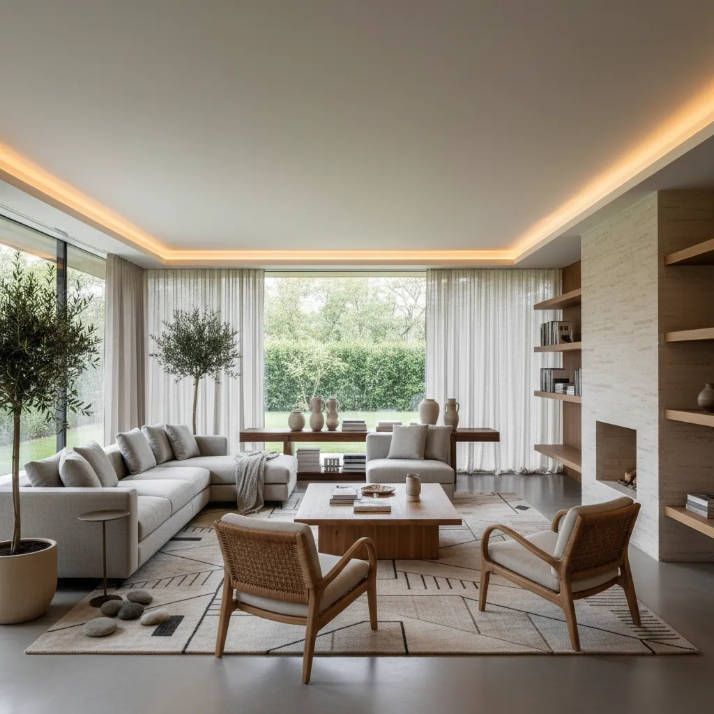 Salón moderno bien distribuido con circulación cómoda y buena iluminación