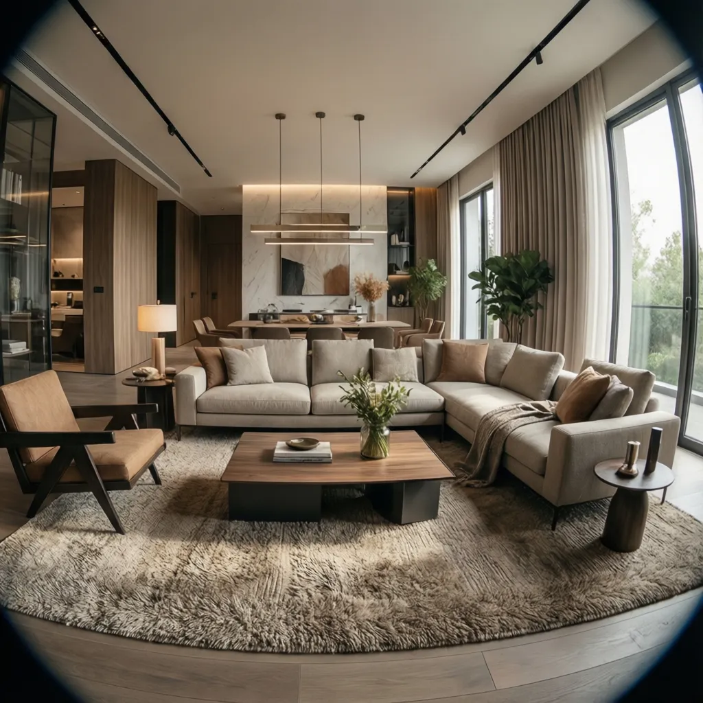 Salón moderno bien distribuido con sofá, alfombra y buena iluminación