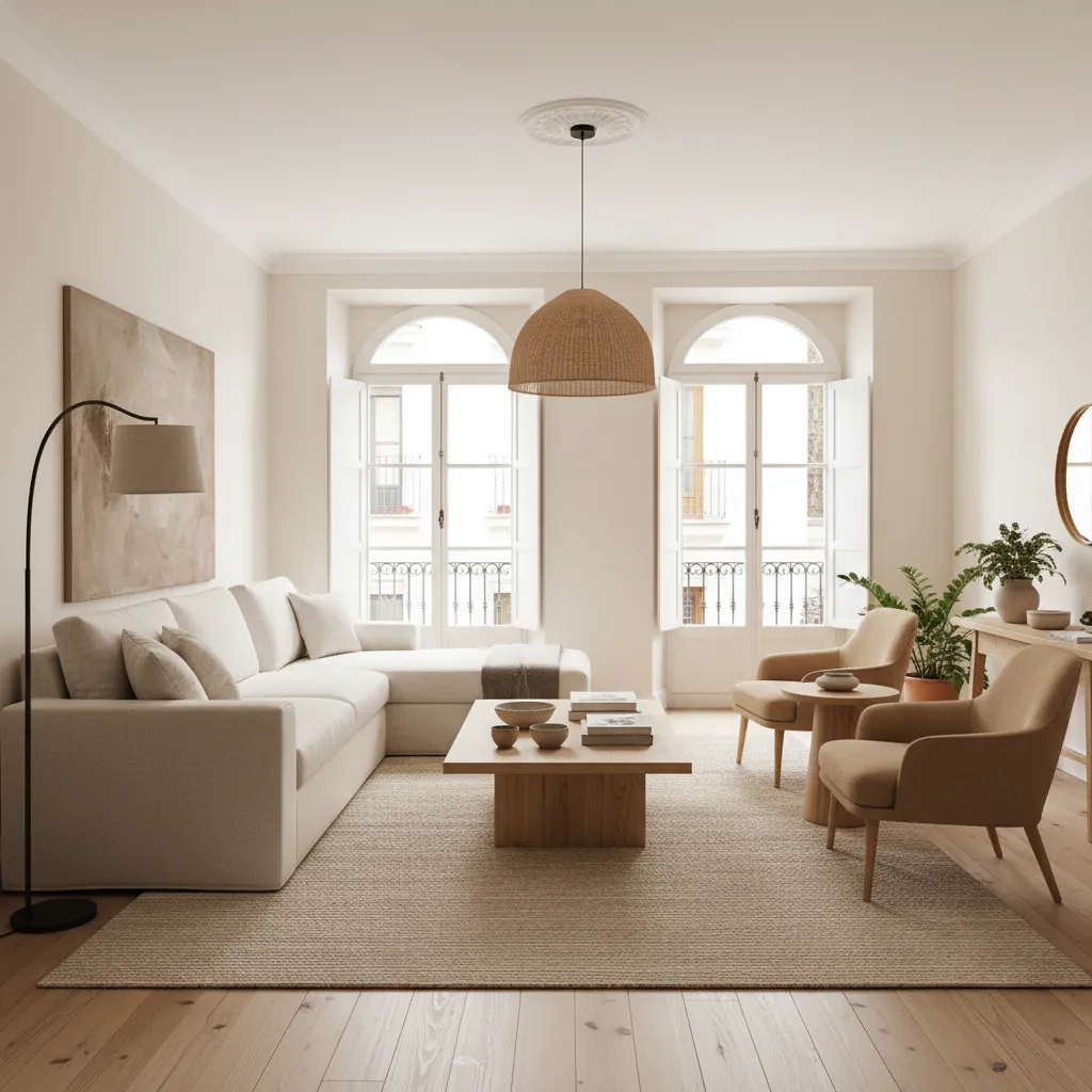 Salón moderno bien distribuido con sofá, iluminación y mesa de centro equilibrada