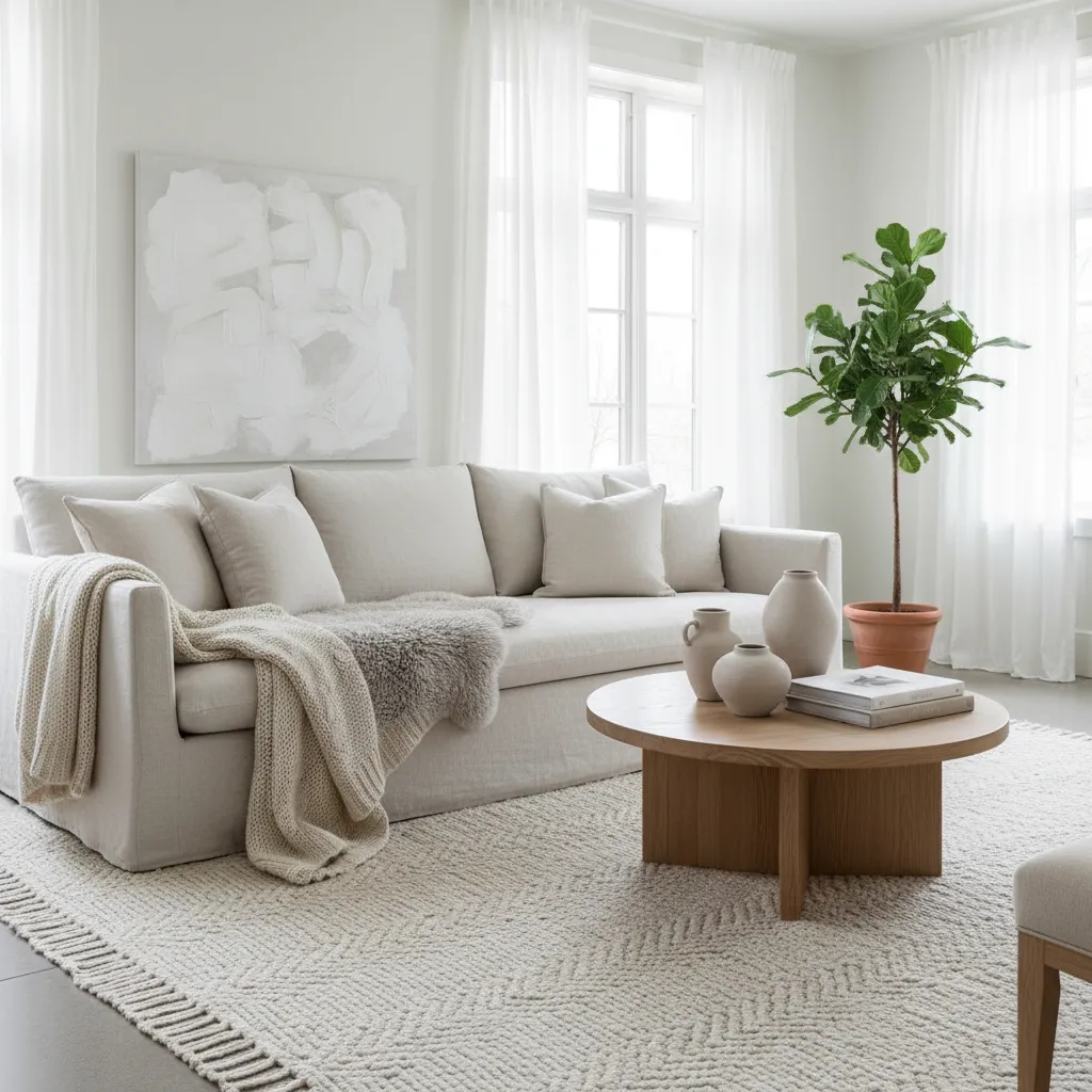 Bright living room with white sofa, round wooden coffee table, textured rug, curtains and plant