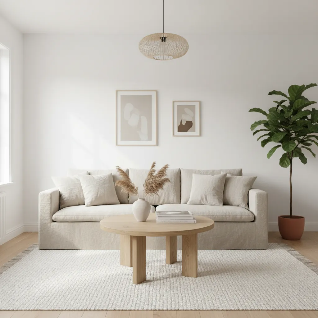 Salón blanco con sofá beige, mesa de madera y alfombra texturizada