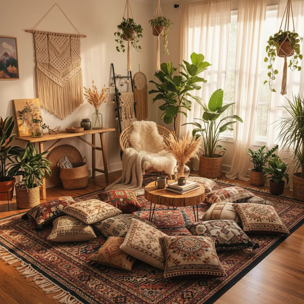Interior bohemio con alfombra étnica grande, cojines y muchas plantas