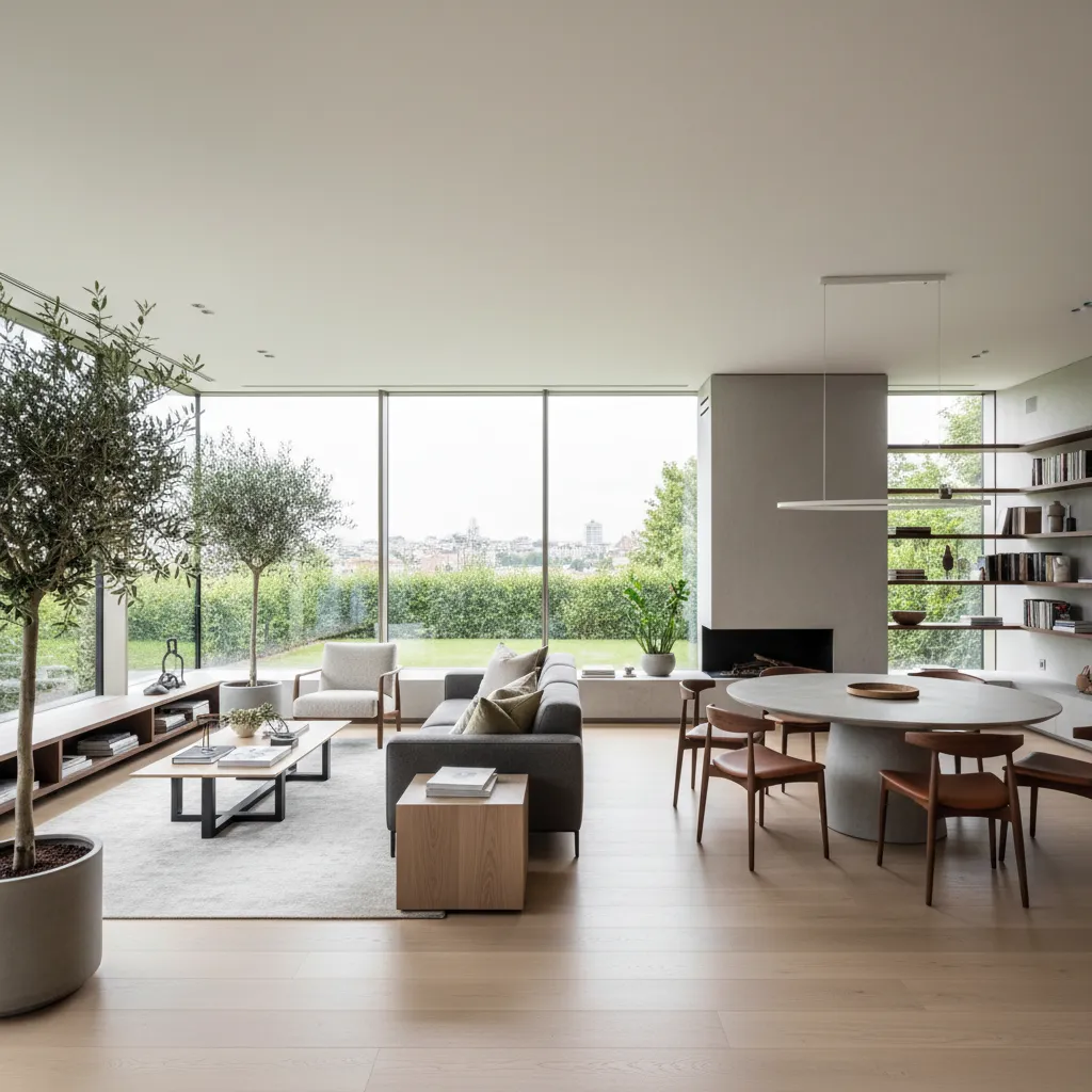 Salón amplio de casa moderna de 150 m2 con diseño abierto