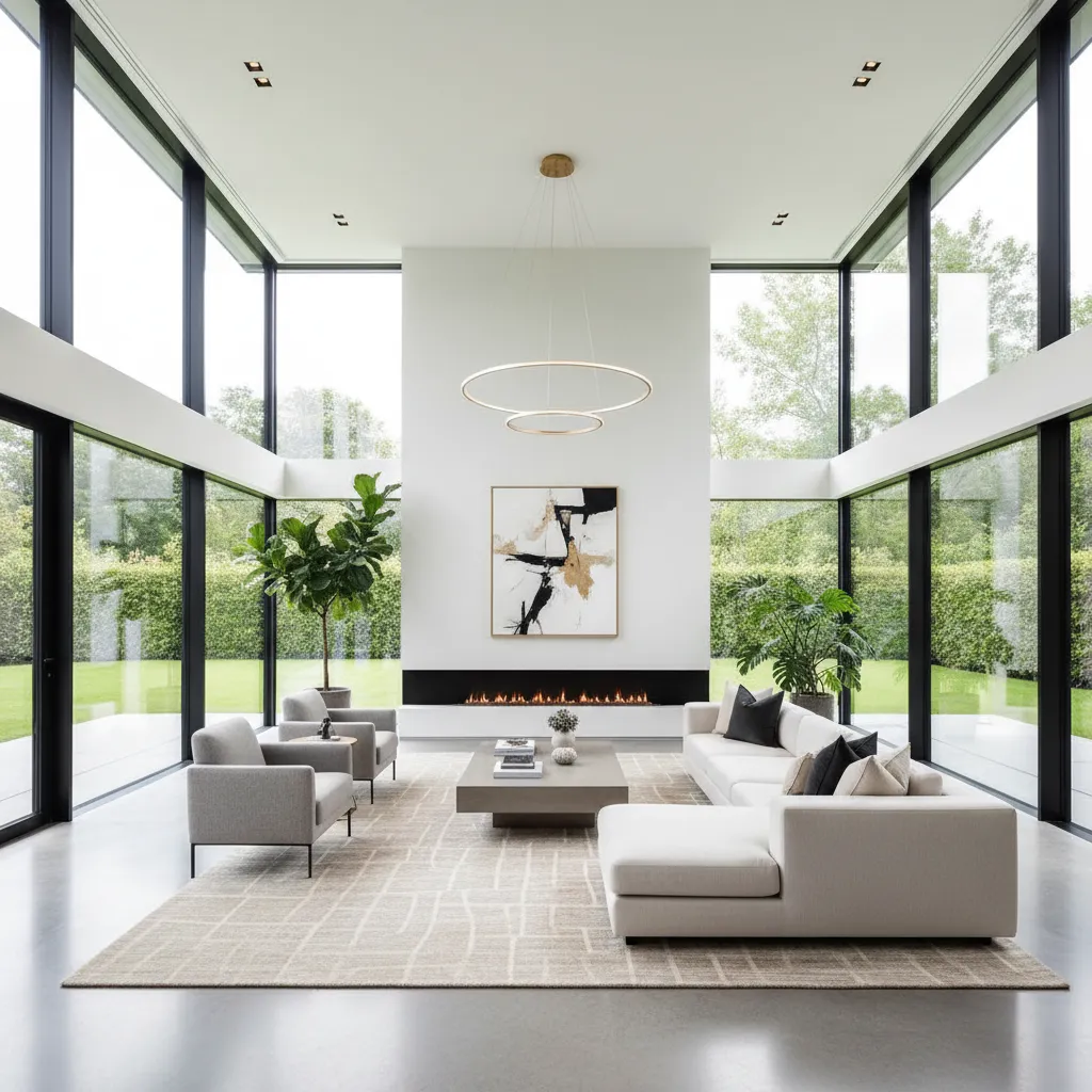 Modern living room with white sofa grey chairs large windows fireplace and round ceiling light