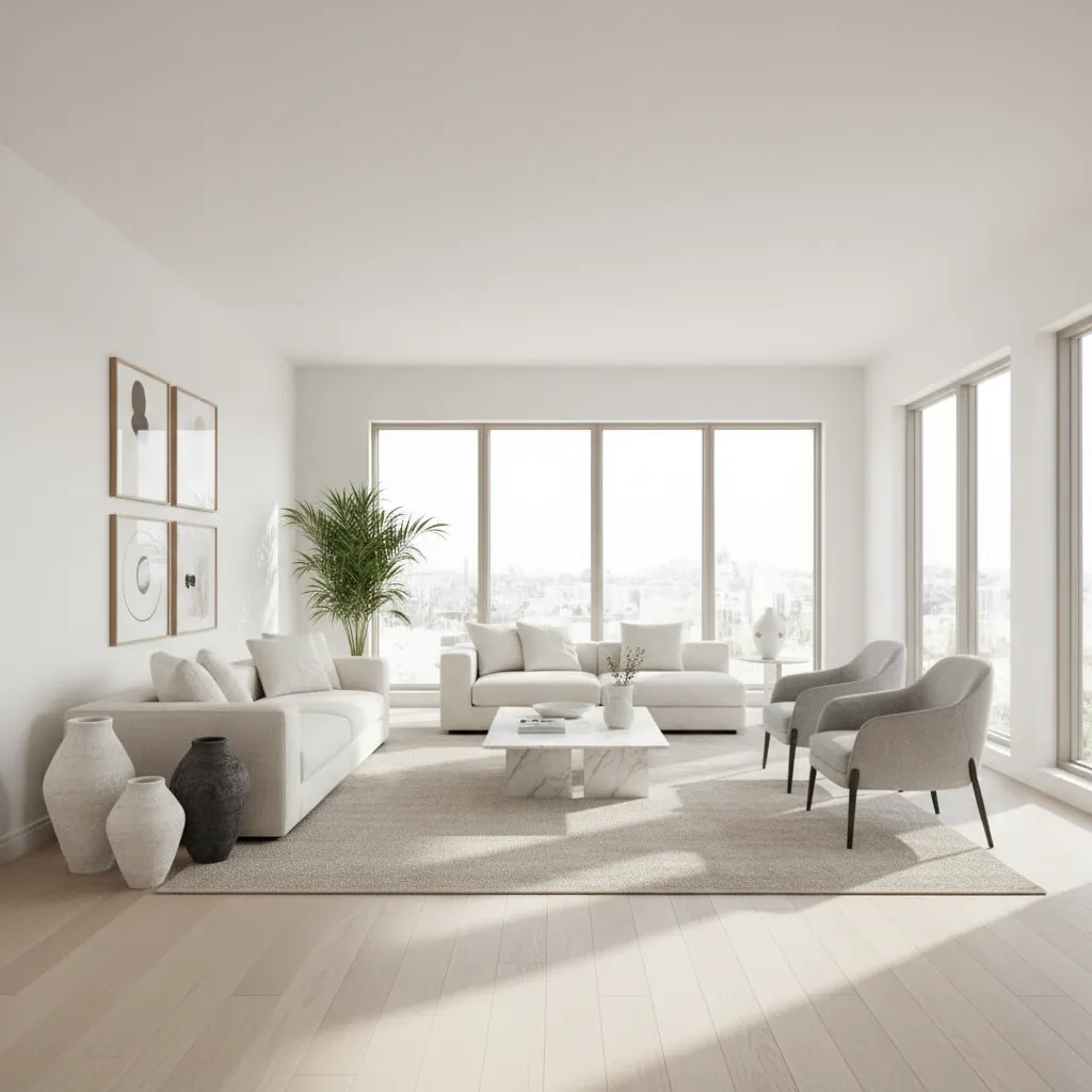 Salón moderno con paredes blancas y mucha luz natural