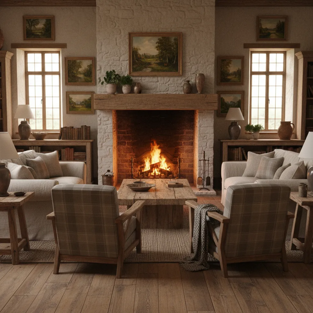 Salón de casa de campo con chimenea como punto central