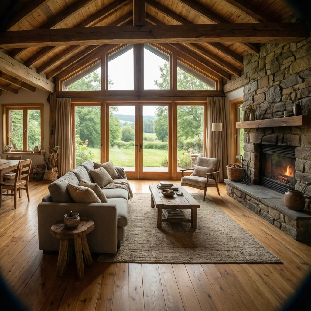Salón abierto de una casa de campo con vigas de madera y grandes ventanas