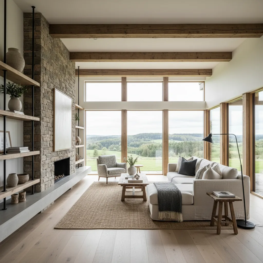 Salón de casa de campo con vigas de madera y grandes ventanales