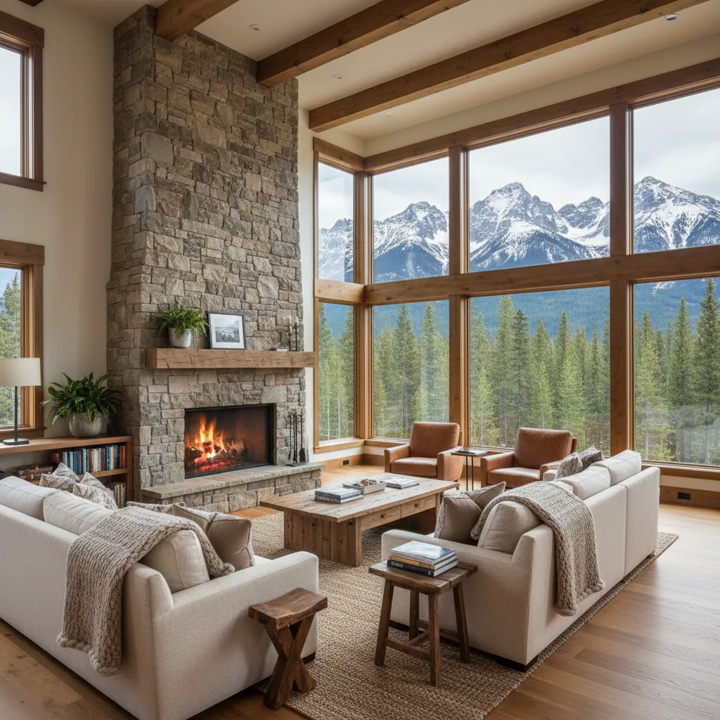 Salón de casa de campo con grandes ventanales y vistas al paisaje