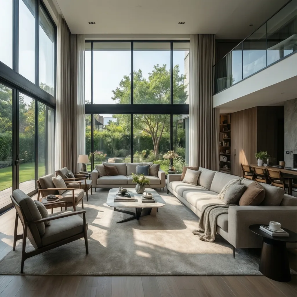 Salón moderno con grandes ventanales y luz natural