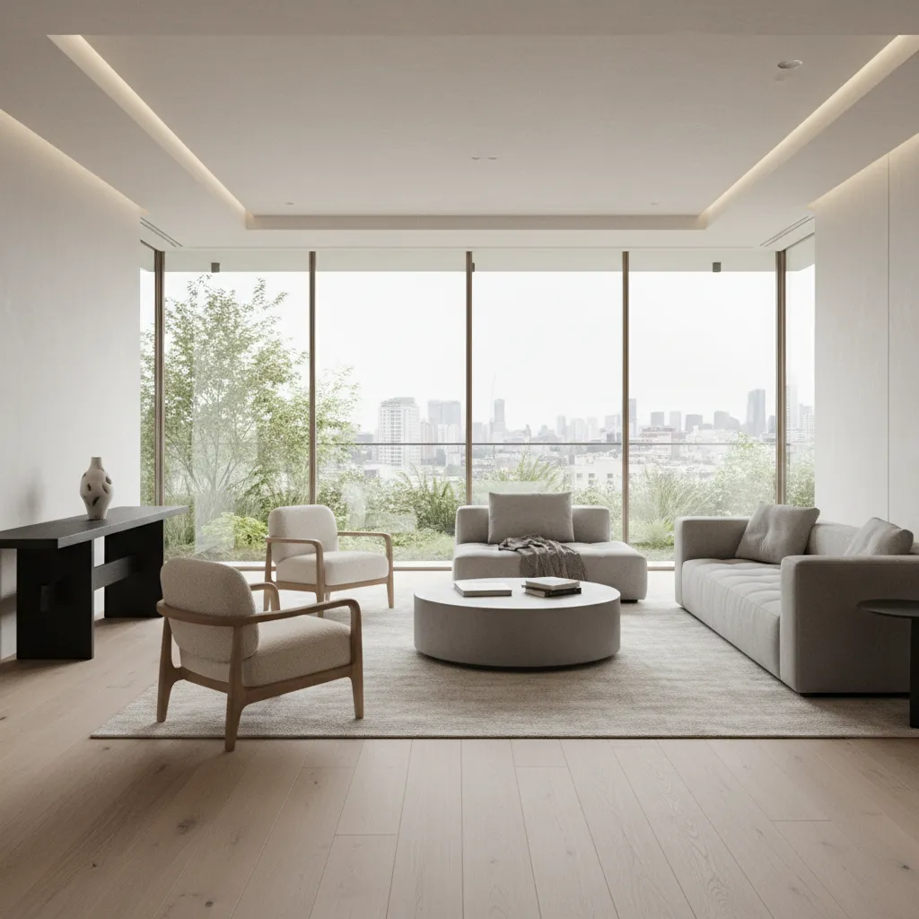 Salón moderno con grandes ventanales y mobiliario minimalista