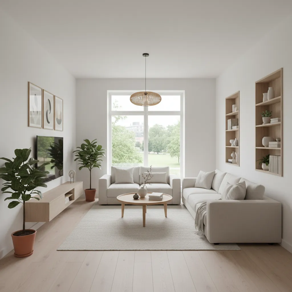 Salón moderno en una casa estrecha con distribución abierta