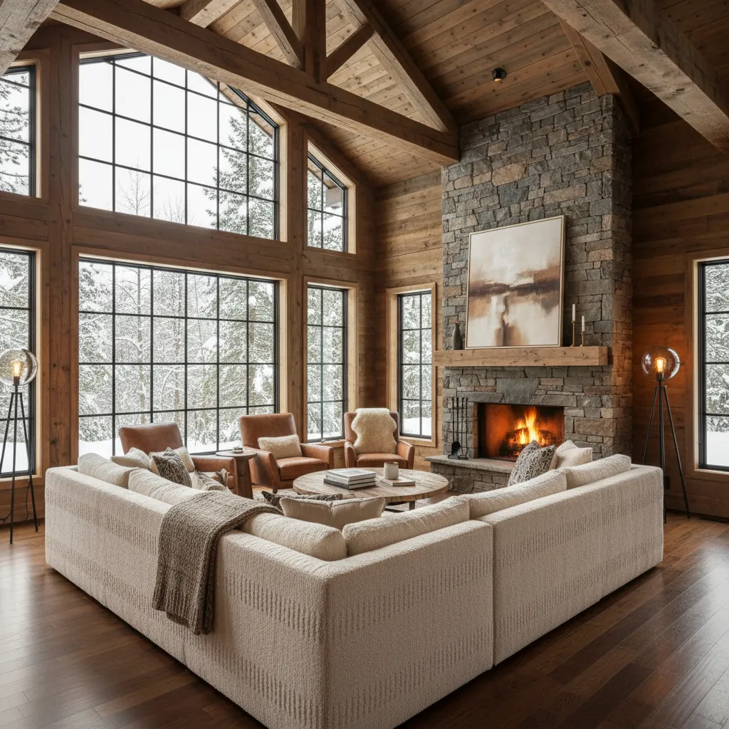 Salón interior de casa de madera con techo alto y vigas visibles