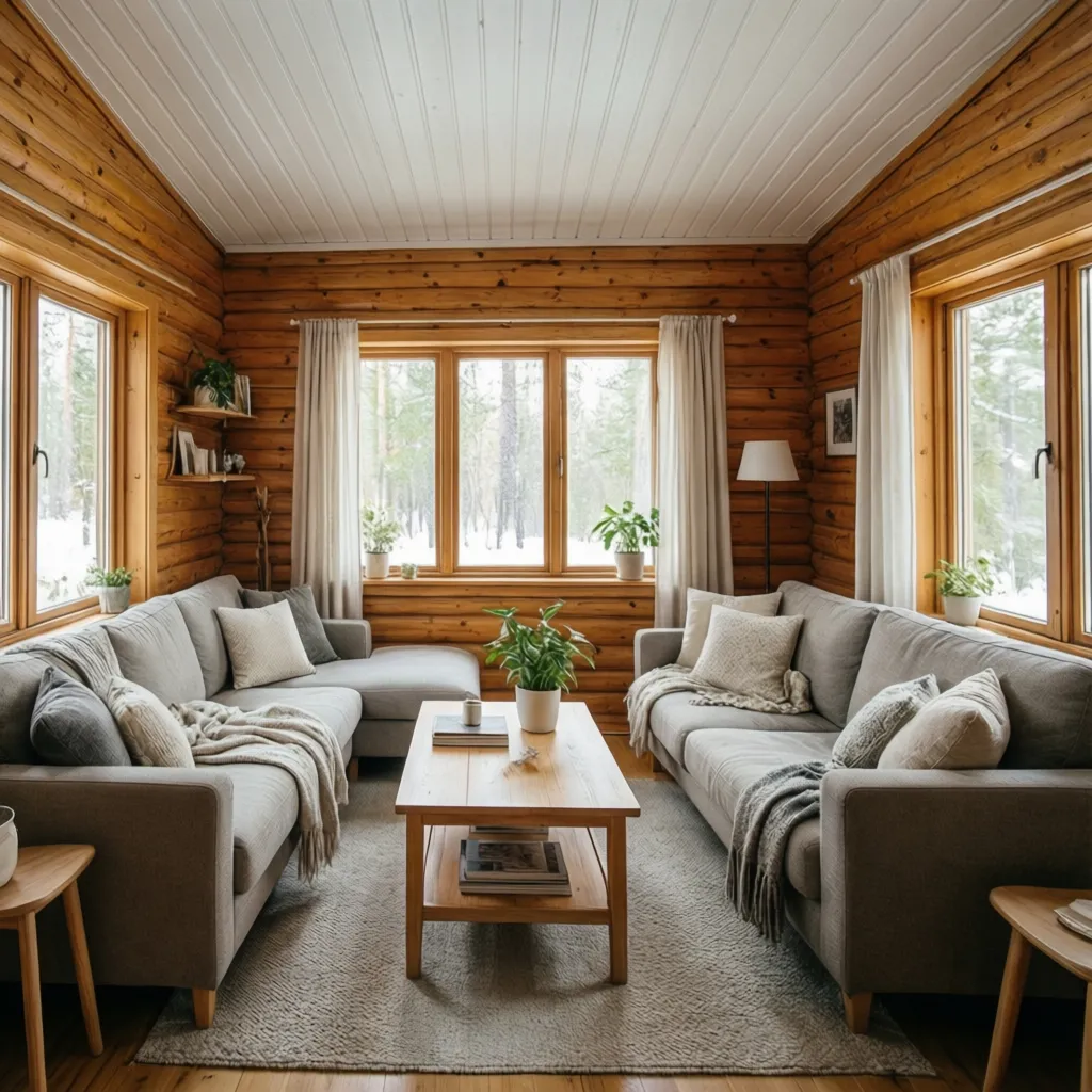 Cozy living room with wooden walls, two grey sofas, coffee table, and large bright windows