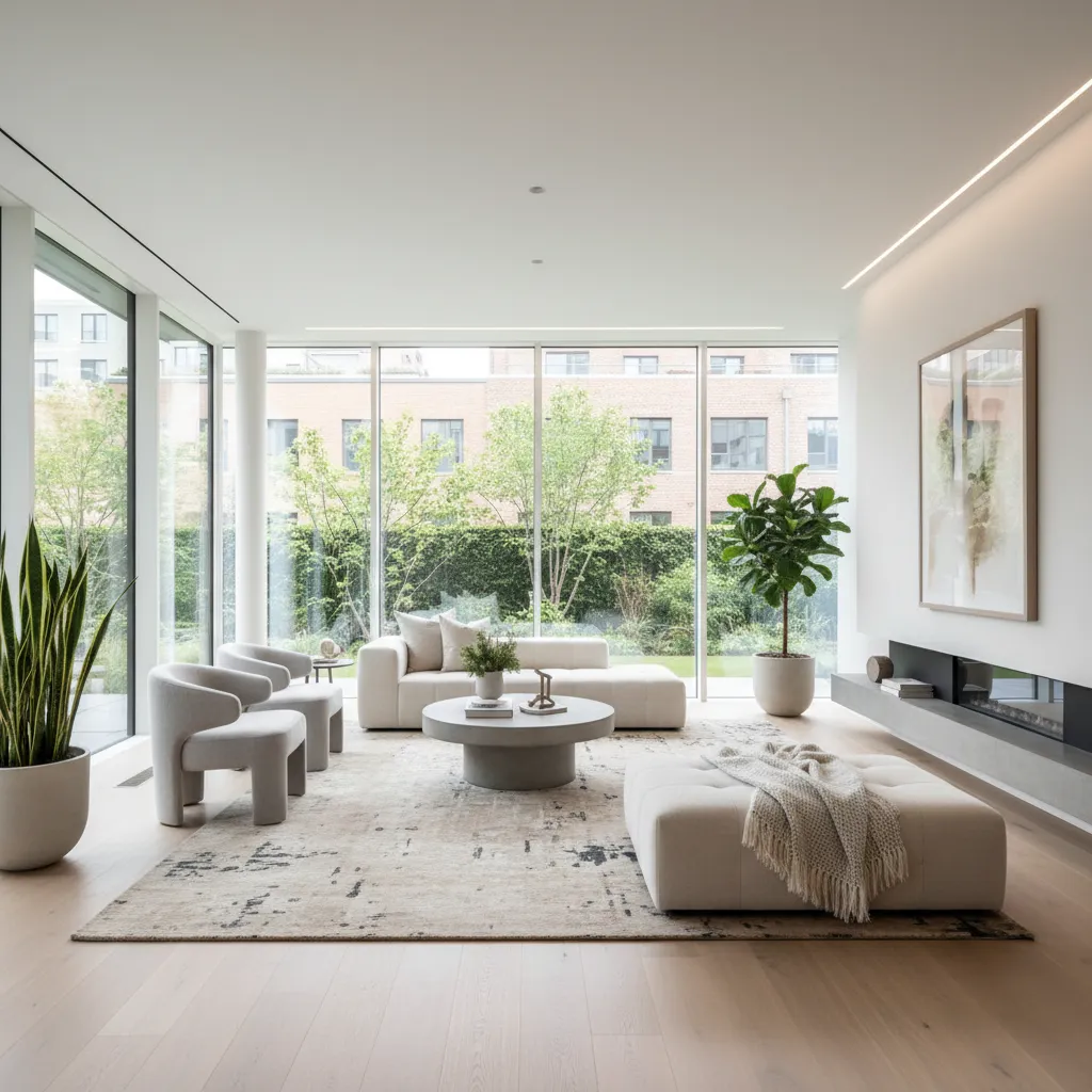 Modern bright living room with beige sofa, two grey chairs, coffee table, windows, and plants