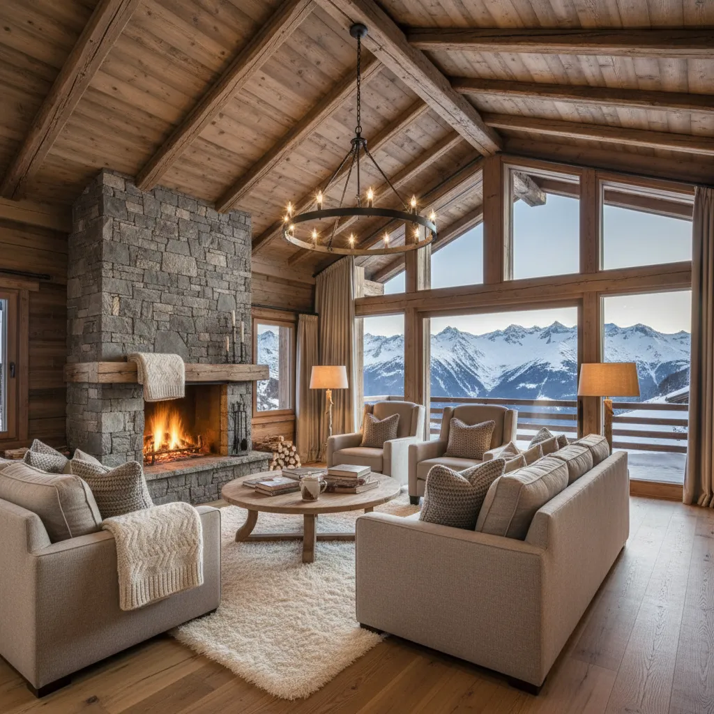 Salón de casa de montaña con techo de madera y chimenea central