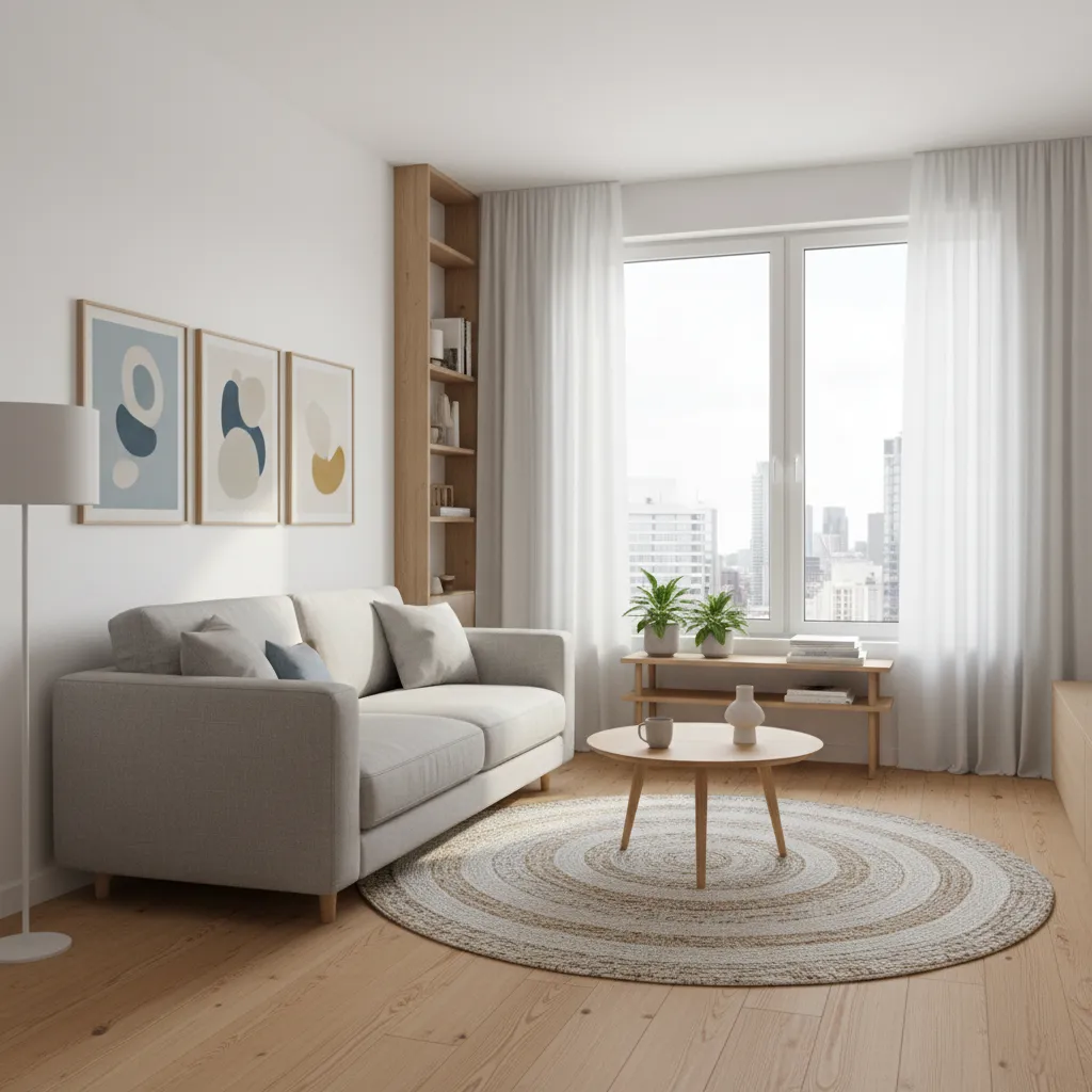 Salón luminoso en una casa pequeña con muebles compactos