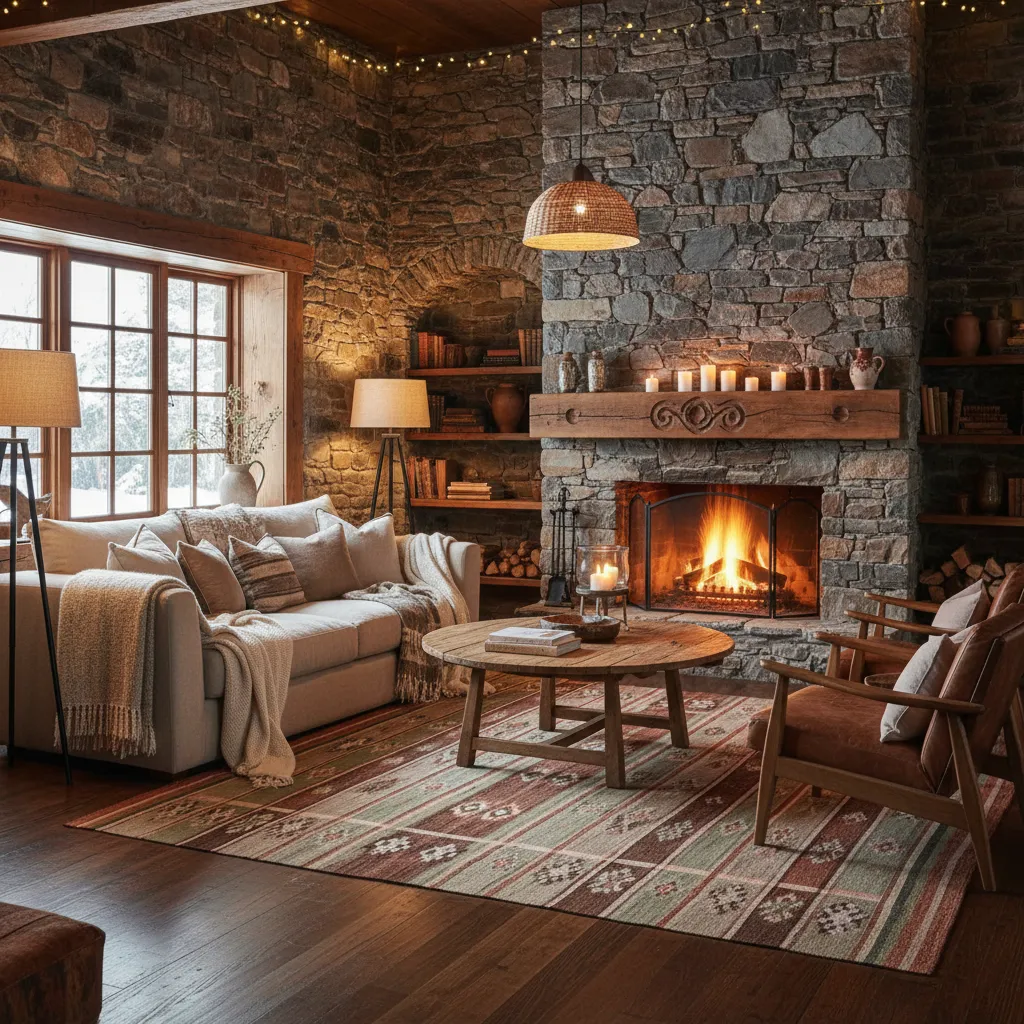Salón acogedor en casa de piedra con iluminación cálida