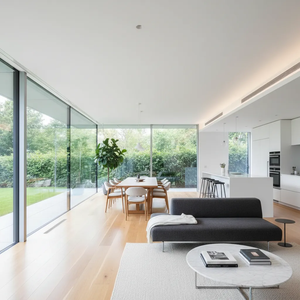 Salón amplio con ventanales en casa moderna de una planta