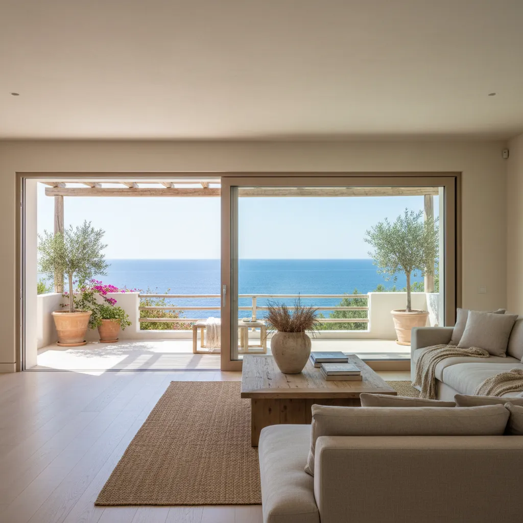 Salón abierto con vistas al mar en una casa moderna de playa