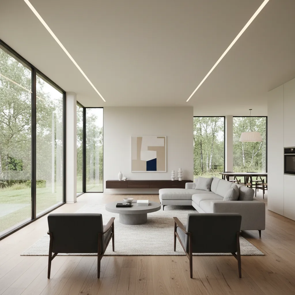 Salón amplio en casa prefabricada con diseño moderno y grandes ventanales