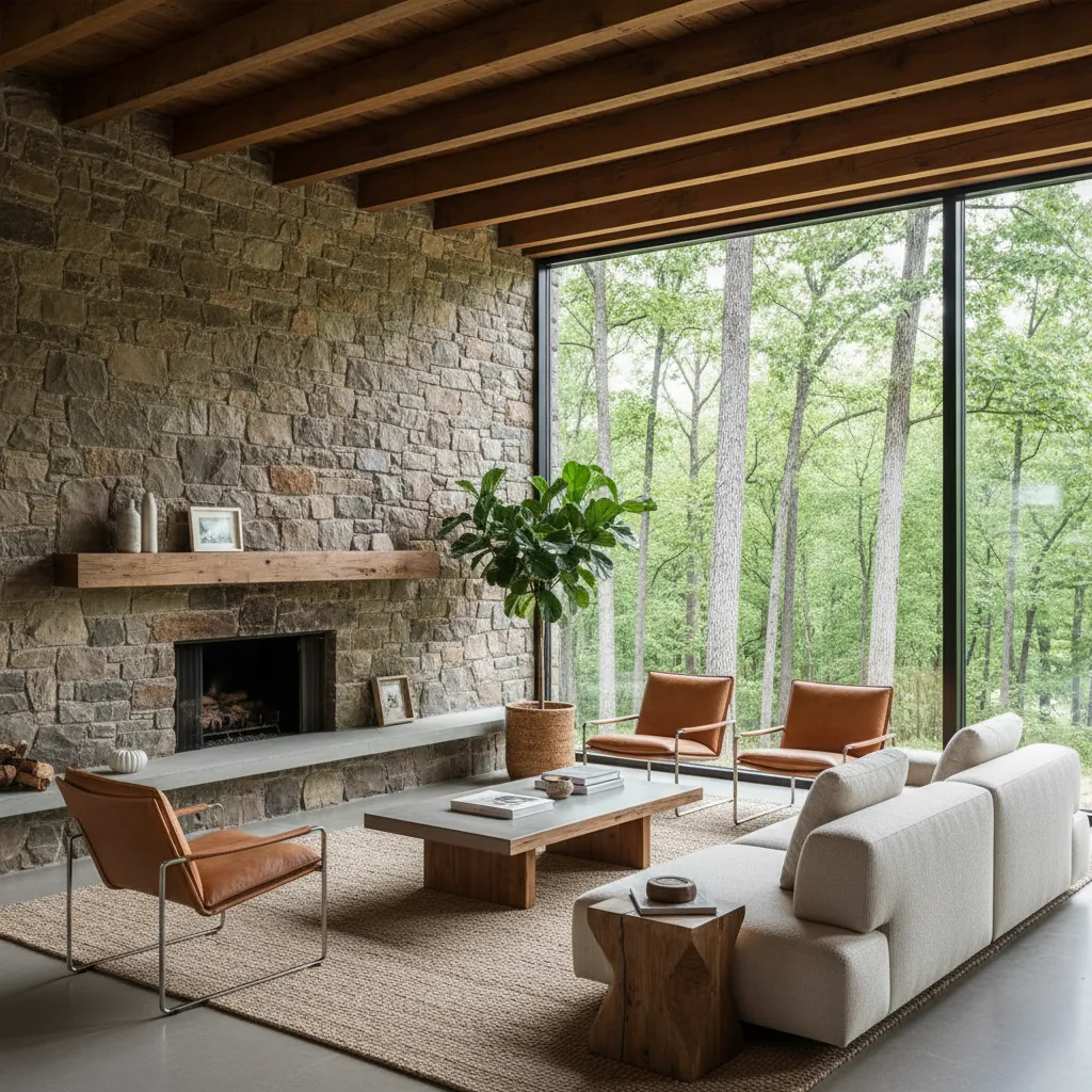 Salón de casa rural moderna con vigas de madera y grandes ventanas